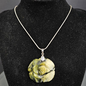 Sterling Silver 925 Necklace Chain With Rose Carved Stone Set On 925 Silver